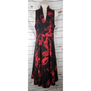 Calvin Klein Red Black Floral Midi Dress 4 Fit & Flare Holiday Cocktail Sleevele